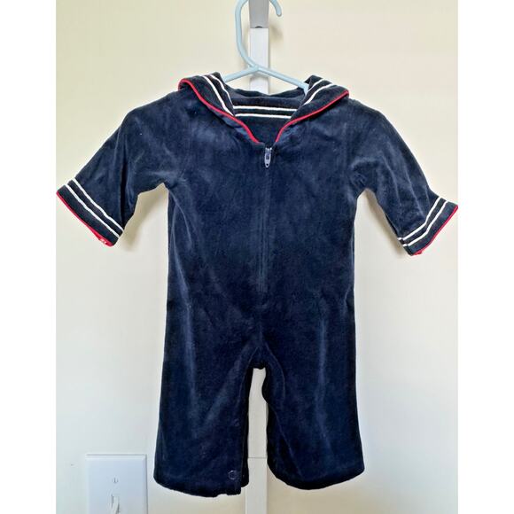 Vintage Velour Sailor Baby Romper 3-6 Months Navy Blue Made in USA missing snap - Picture 1 of 7